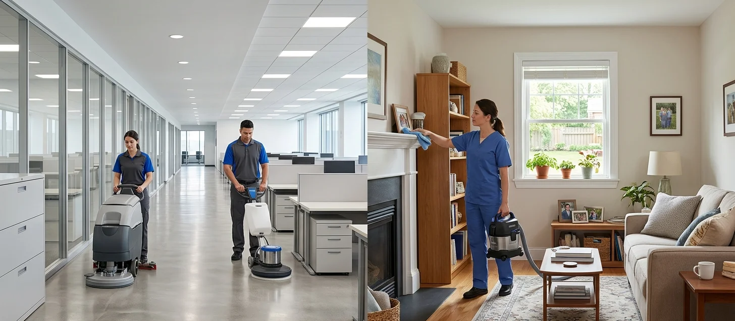 Commercial cleaning crew and residential cleaner at work.