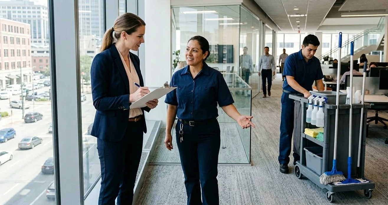 Woman with clipboard talking to commercial cleaning contractor in office.